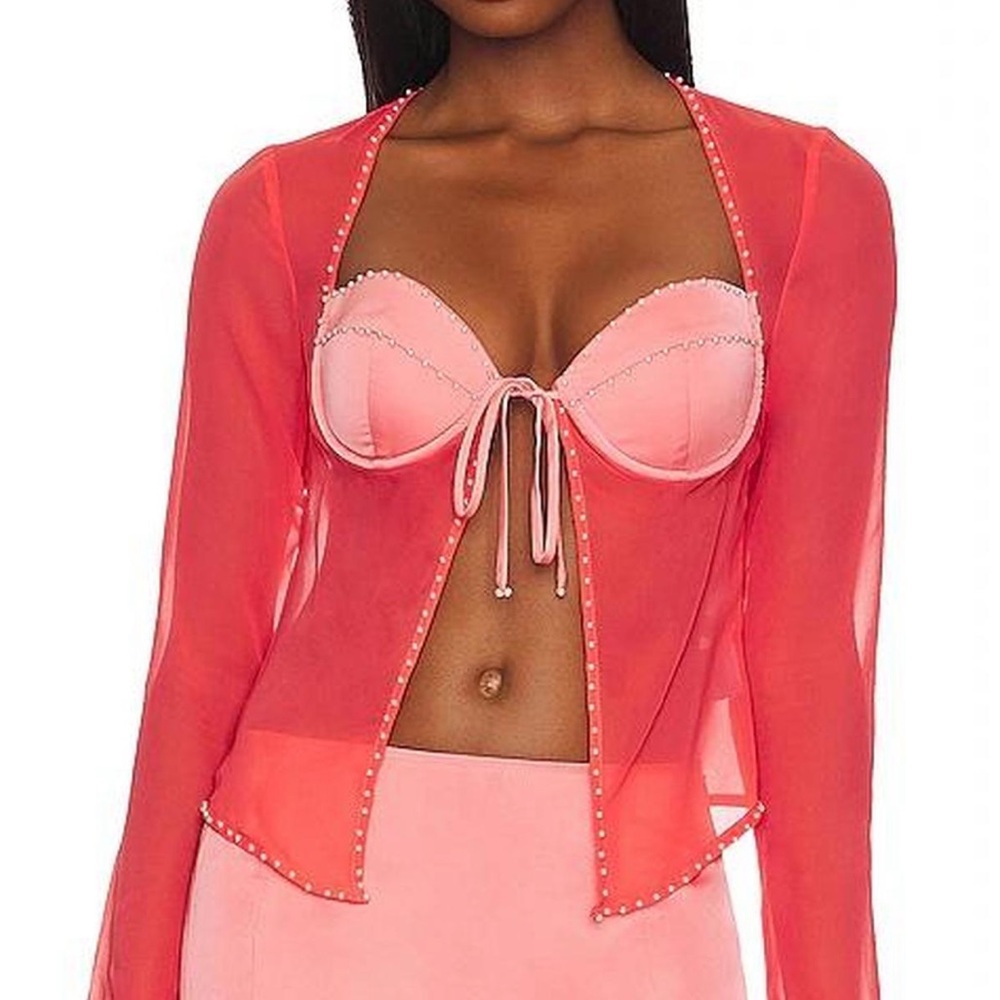 Danielle Guizio Sheer Pink Tie-Front Top